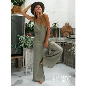 Chintamani Alchemi Jumpsuit Medium Linen Overall Green Wide Leg Boho Minimalist